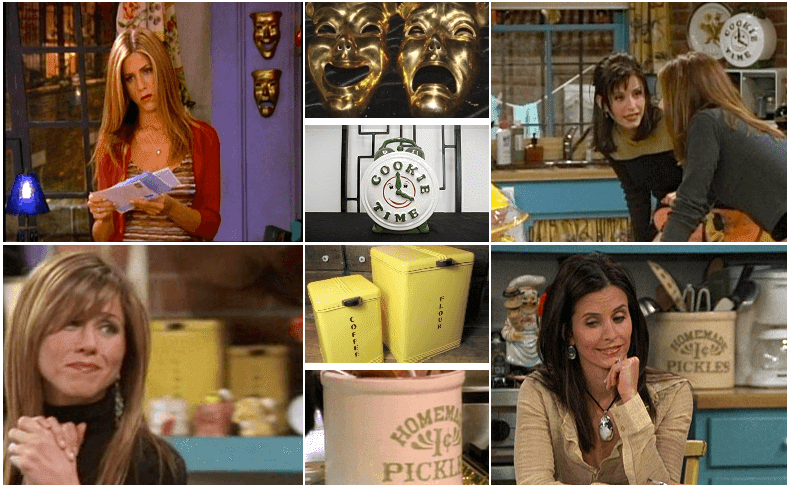 Collage of Monica's apartment's accessories - gold drama masks, coffee container